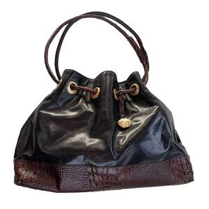 Brahmin Handbag Black Brown Shoulder Bag Purse Croc-Embossed  Melbourne Leather